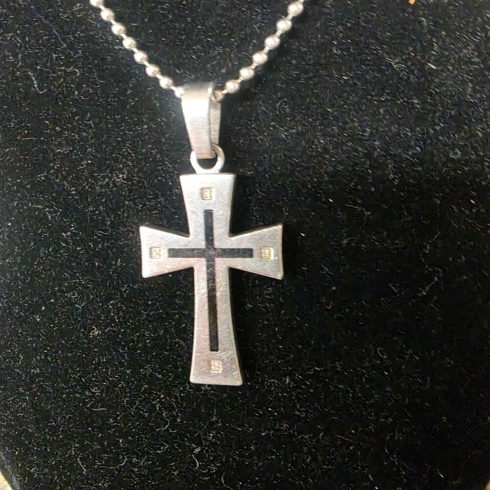 VINTAGE Silver Cross Pendant Necklace 2 Inch Pendant Ball Chain